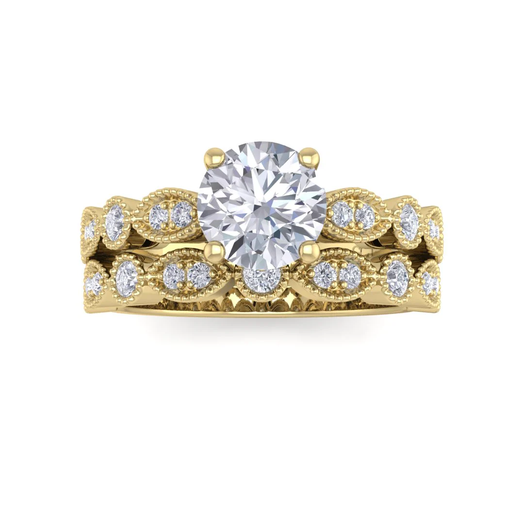 18K Yellow Gold Round Brilliant Lab Diamond Milgrain Bridal Set 1.0tdw