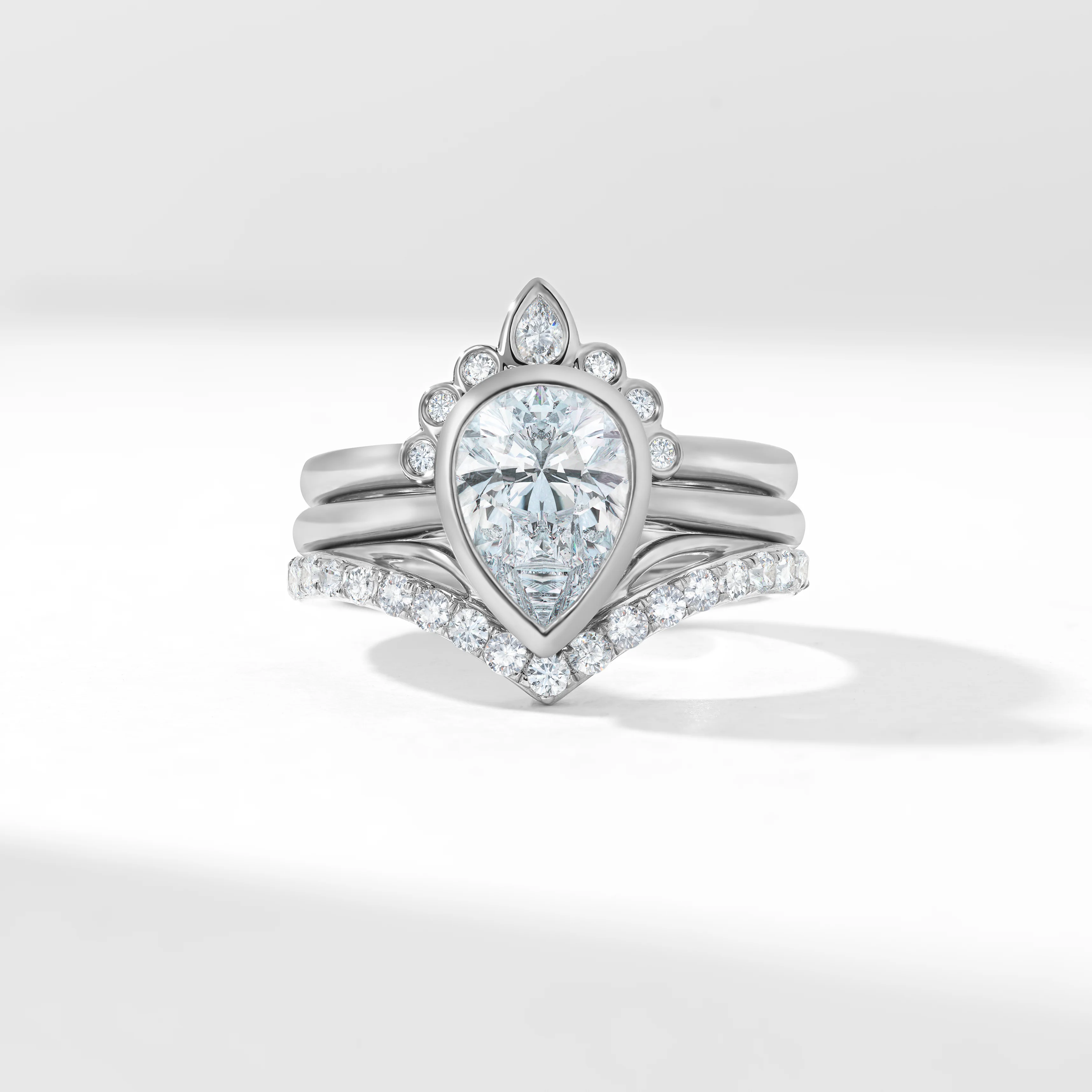Platinum 2.0ct Pear Lab Diamond Bezel Set With Contouring Wedding And Eternity Rings Bridal Set 2.50tdw