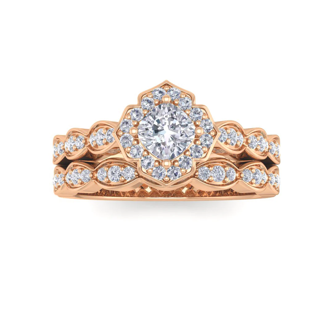 9k Rose Gold 0.33ct Cushion Cut Moissanite Halo Vintage Inspired Bridal Set 0.3tdw