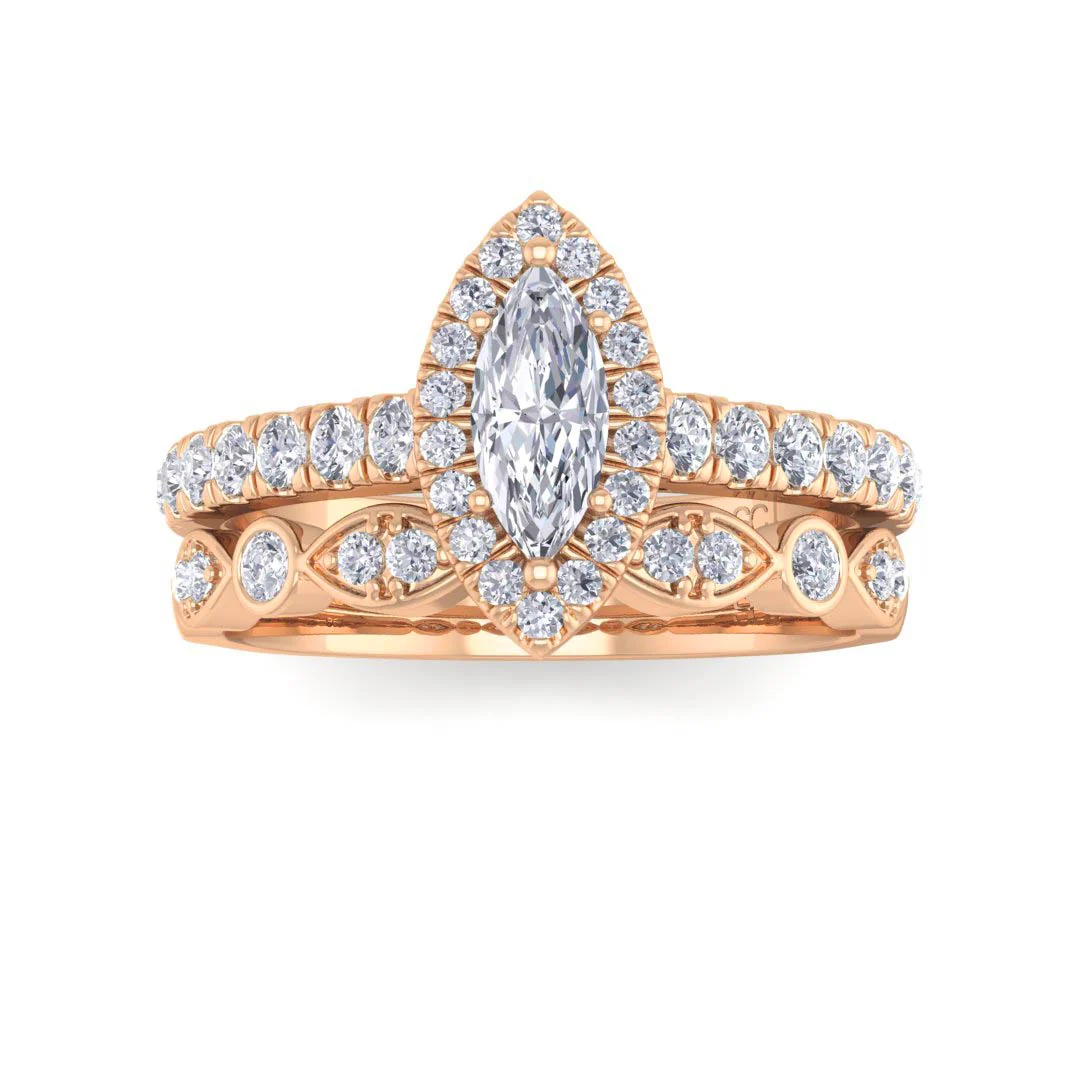 9k Rose Gold 0.33ct Marquise Moissanite Halo Bridal Set 0.5tdw