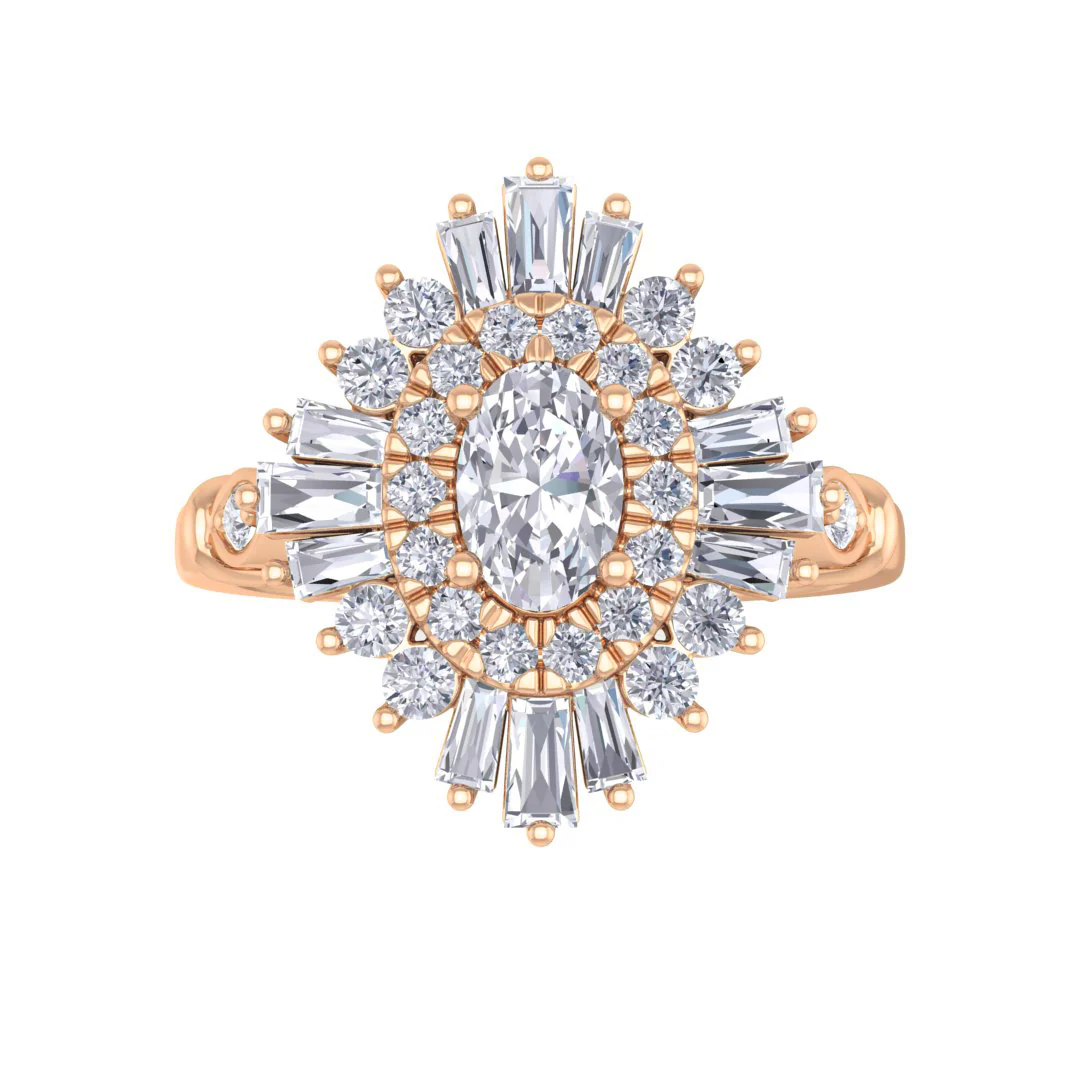 9k Rose Gold 0.33ct Oval Lab Diamond Baguette Starburst Engagement Ring 0.83tdw