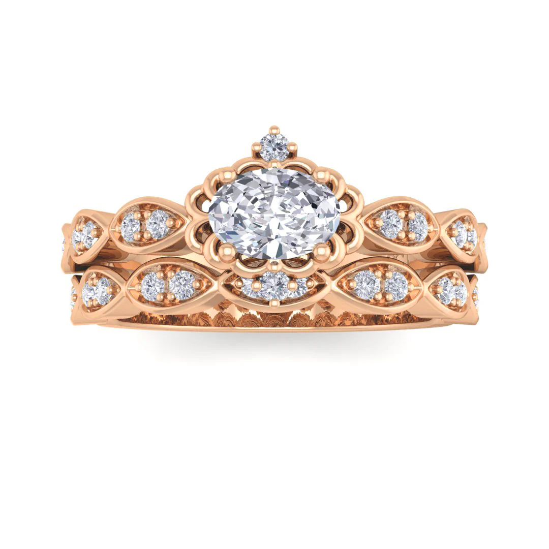 9k Rose Gold 0.33ct Oval Moissanite Filigree Halo Bridal Set 0.2tdw