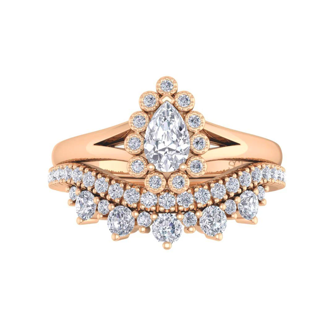 9k Rose Gold 0.33ct Pear Lab Diamond Halo Tiara Bridal Set 0.73tdw