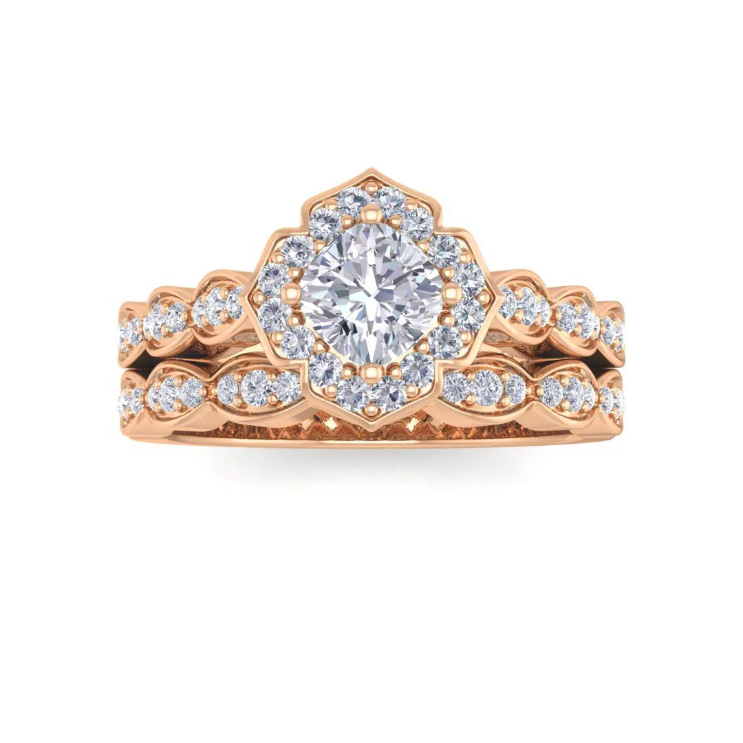 9k Rose Gold 0.5ct Cushion Cut Diamond Halo Vintage Inspired Bridal Set 0.8tdw