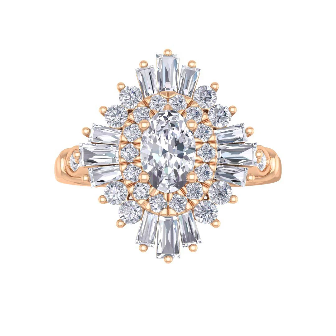 9k Rose Gold 0.5ct Oval Lab Diamond Baguette Starburst Engagement Ring 1.0tdw