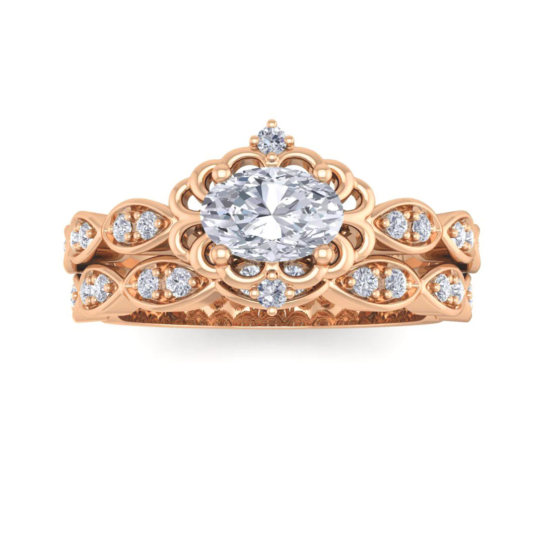 9k Rose Gold 0.5ct Oval Moissanite Filigree Halo Bridal Set 0.2tdw