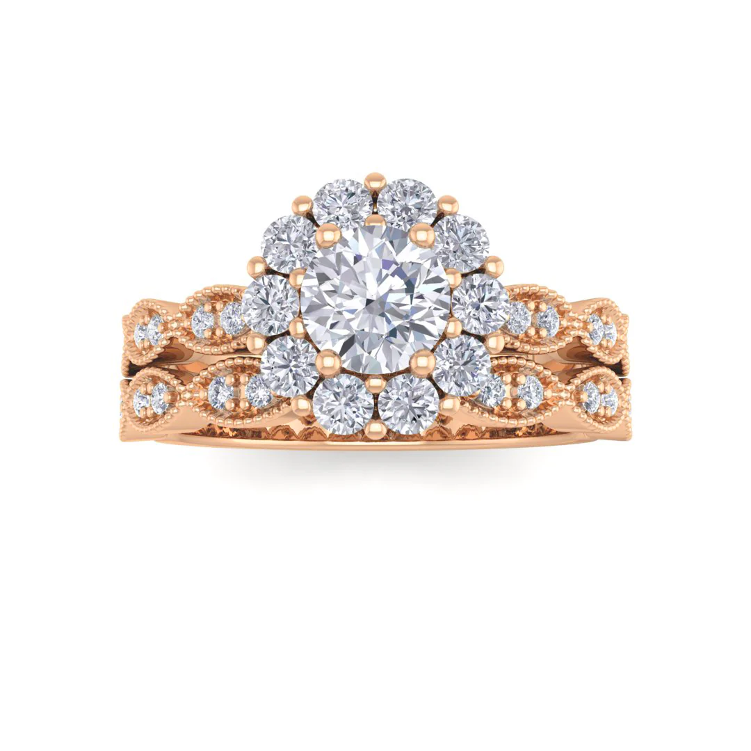 9k Rose Gold 0.5ct Round Brilliant Diamond Halo Bridal Set 1.05tdw