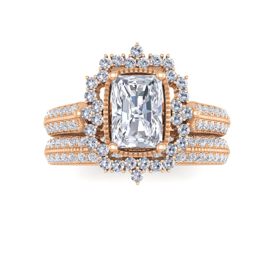 9k Rose Gold 0.75ct Emerald Cut Diamond Vintage Halo Bridal Set 1.25tdw