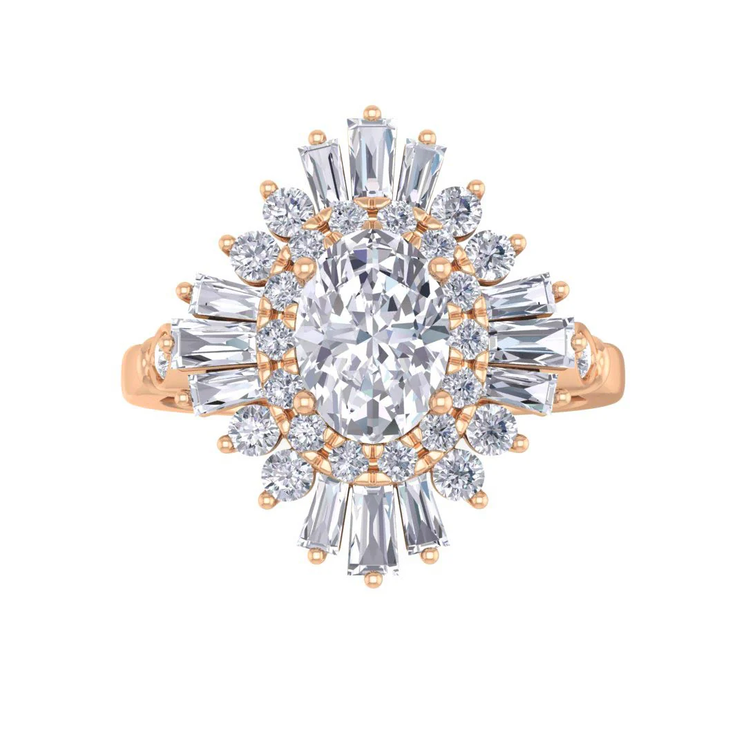 9k Rose Gold 0.75ct Oval Lab Diamond Baguette Starburst Engagement Ring 1.25tdw