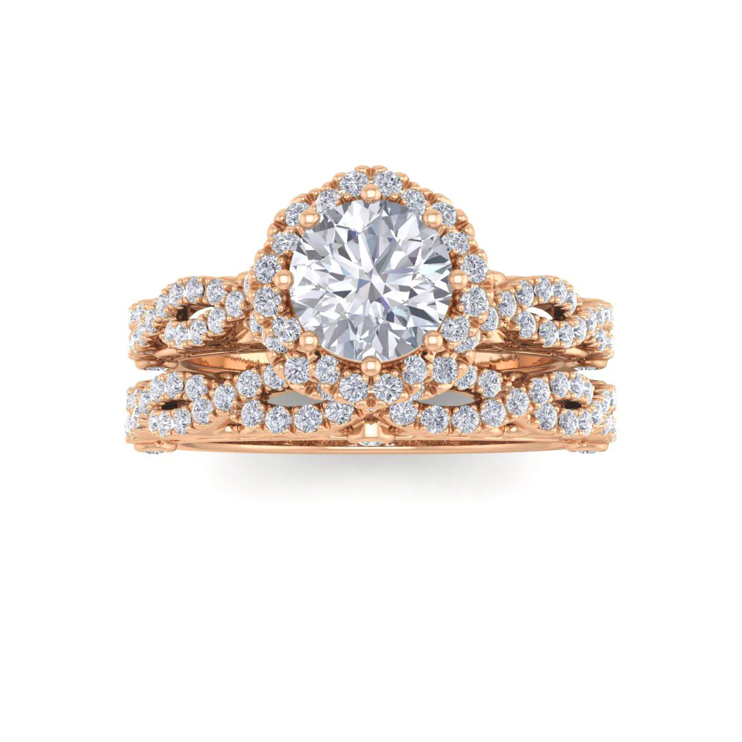 9k Rose Gold 0.75ct Round Brilliant Moissanite Flower Halo Bridal Set 0.5tdw