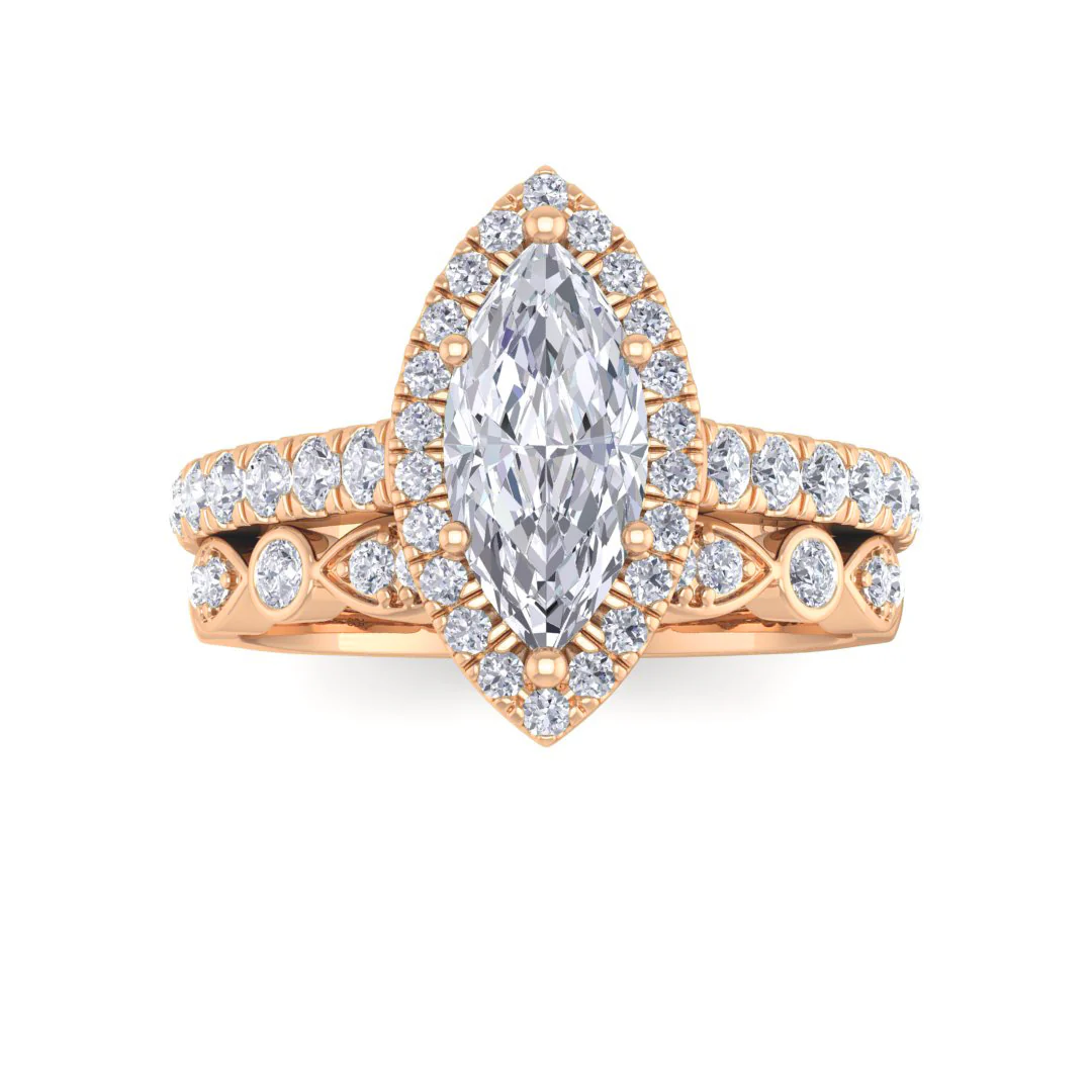 9k Rose Gold 1.0ct Marquise Diamond Halo Bridal Set 1.5tdw