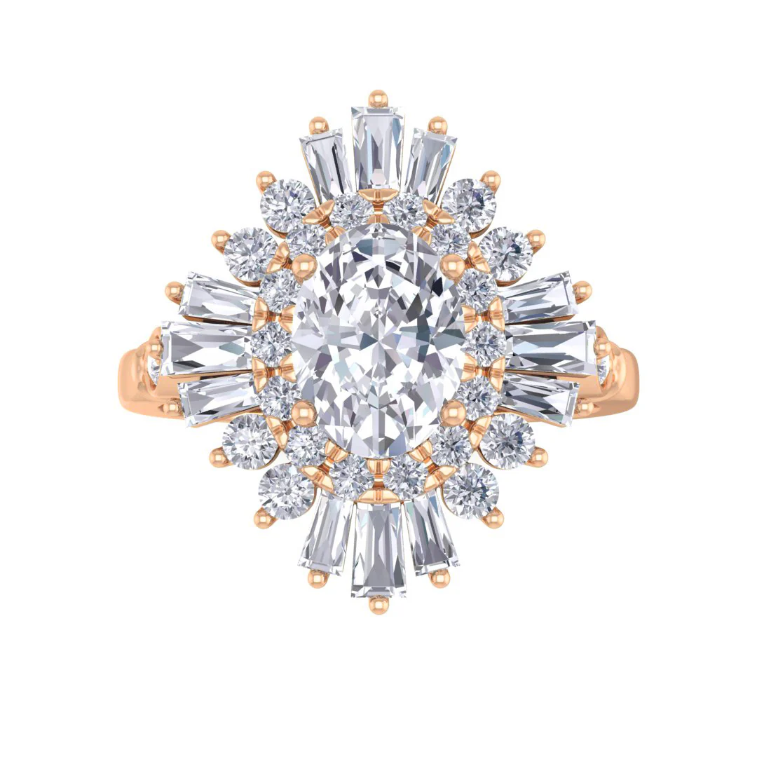 9k Rose Gold 1.0ct Oval Diamond Baguette Starburst Engagement Ring 1.5tdw