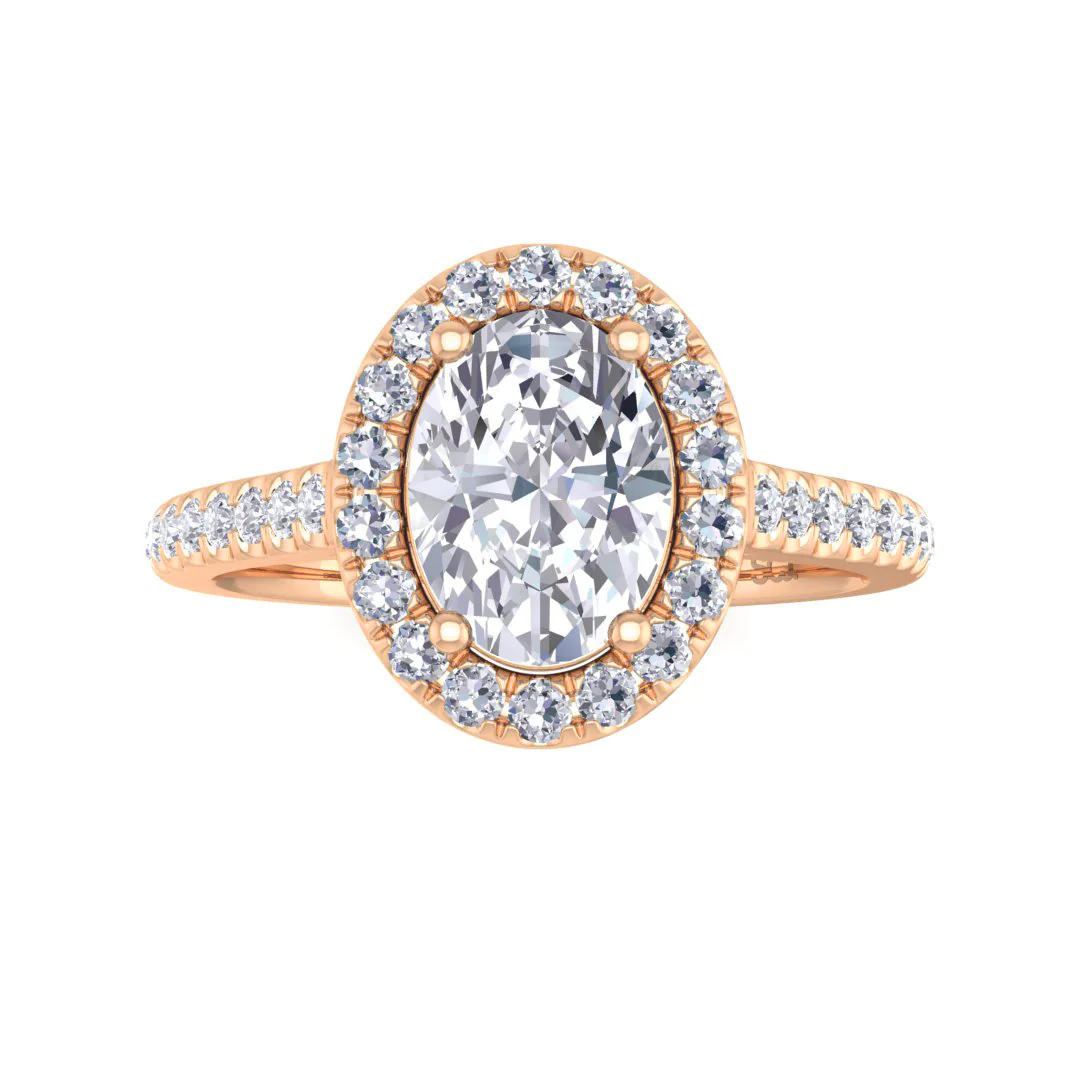 9k Rose Gold 1.0ct Oval Moissanite Halo Engagement Ring 0.29tdw
