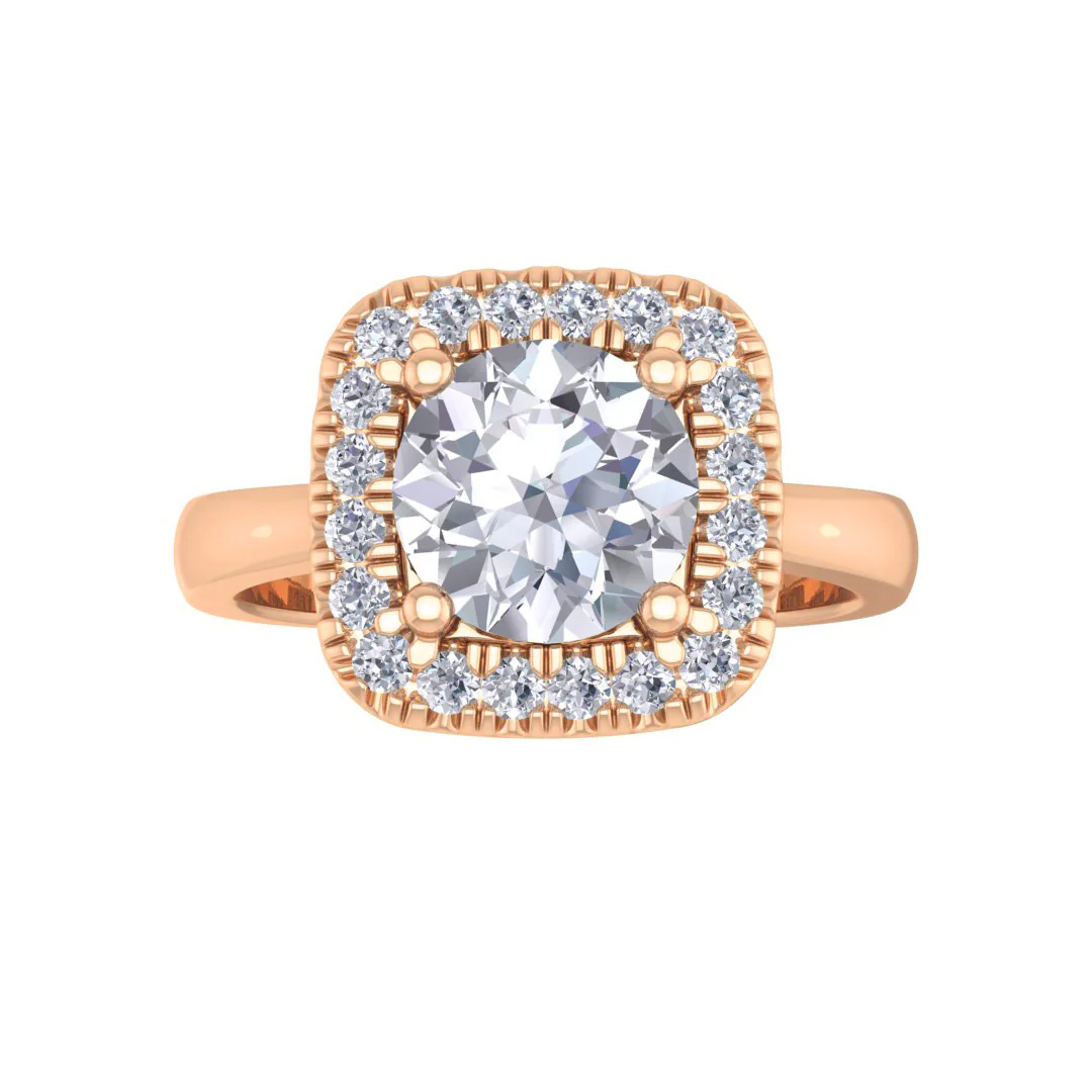 9k Rose Gold 1.0ct Round Brilliant Moissanite Halo Engagement Ring 0.13tdw