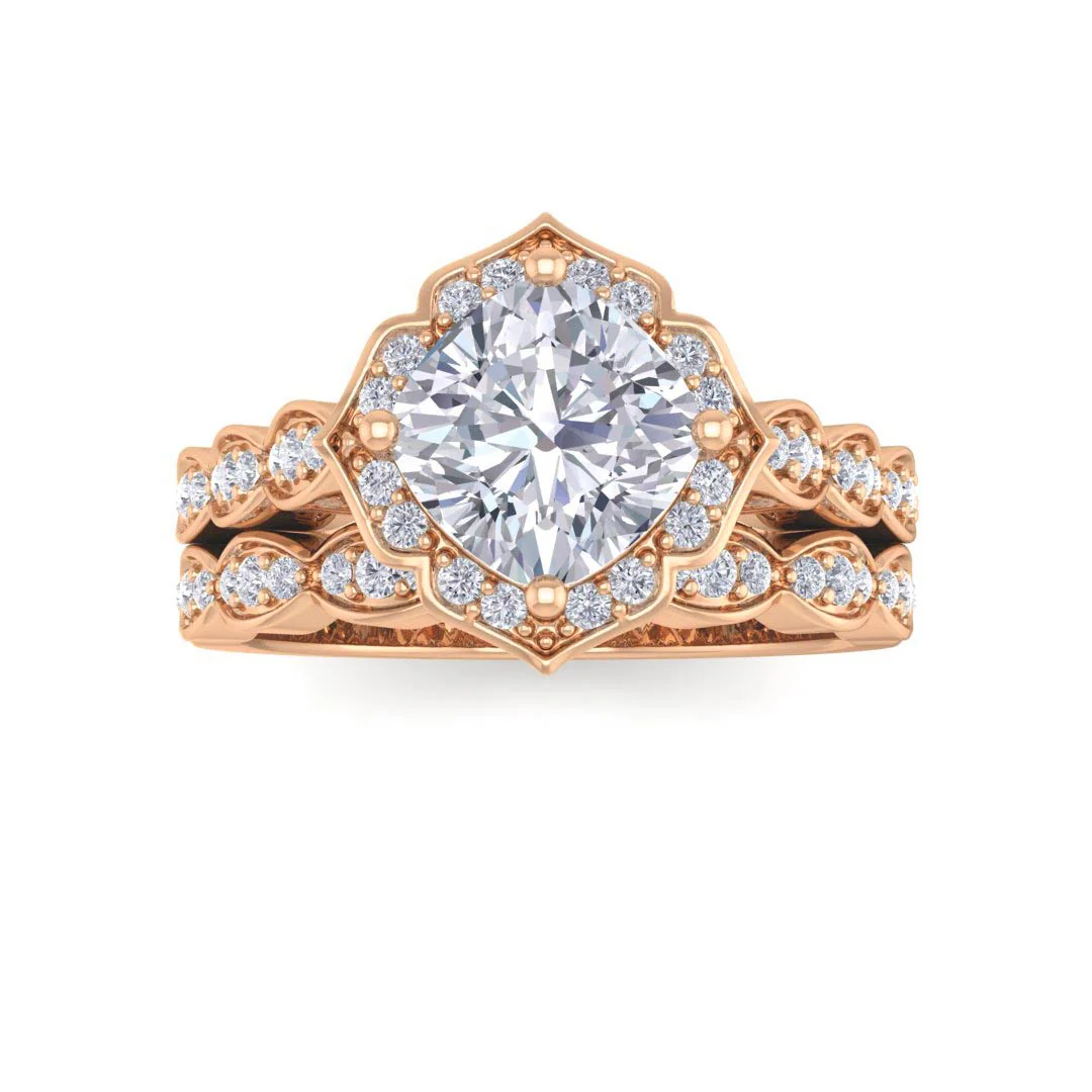 9k Rose Gold 1.5ct Cushion Cut Diamond Halo Vintage Inspired Bridal Set 1.8tdw