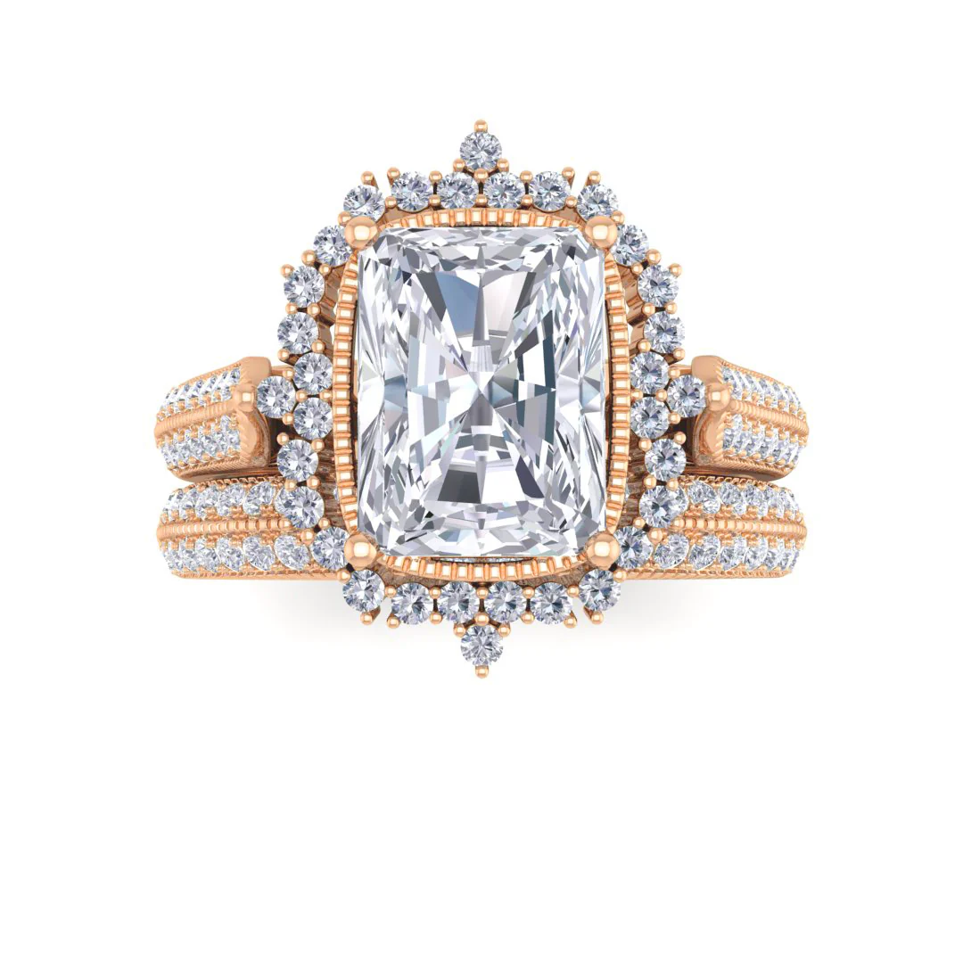9k Rose Gold 1.5ct Emerald Cut Diamond Vintage Halo Bridal Set 2.0tdw