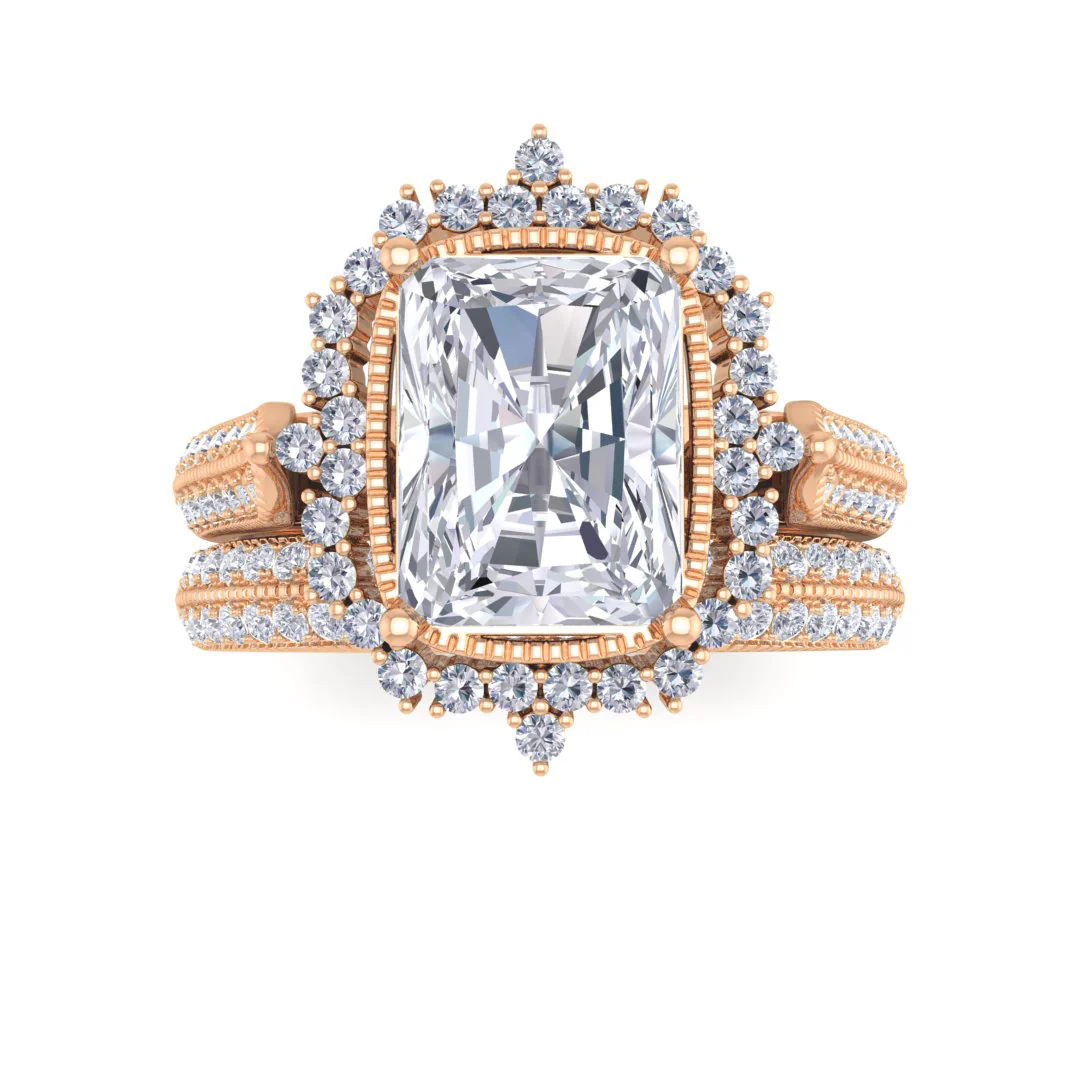 9k Rose Gold 2.0ct Emerald Cut Lab Diamond Vintage Halo Bridal Set 2.5tdw