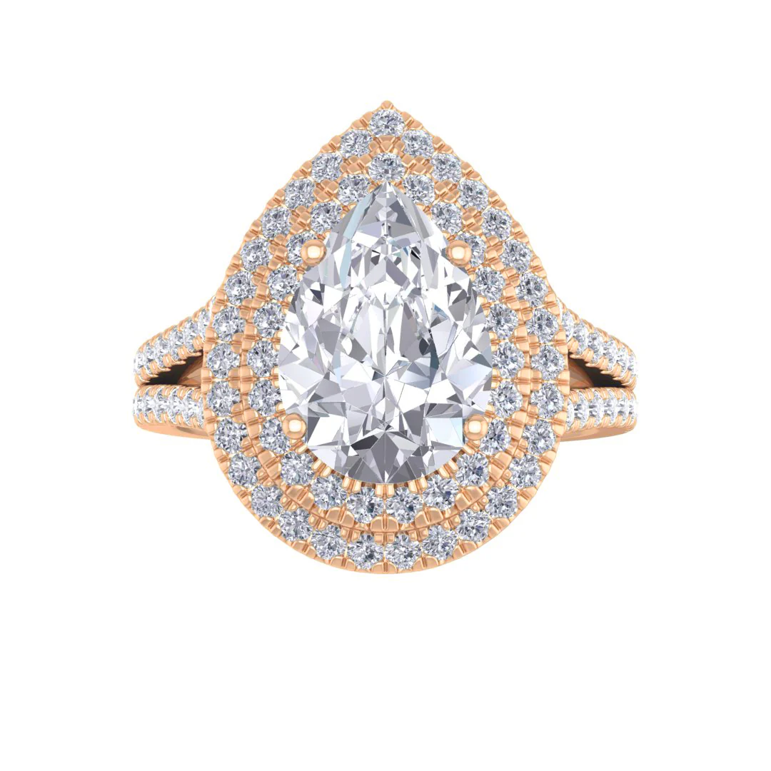 9k Rose Gold 2.0ct Pear Lab Diamond Double Halo Engagement Ring 2.5tdw