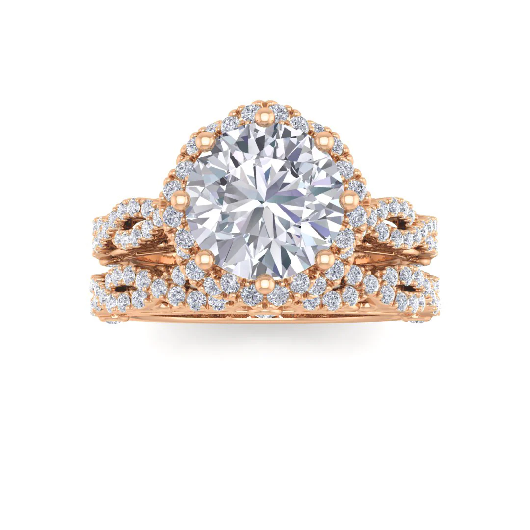 9k Rose Gold 2.0ct Round Brilliant Lab Diamond Flower Halo Bridal Set 2.5tdw