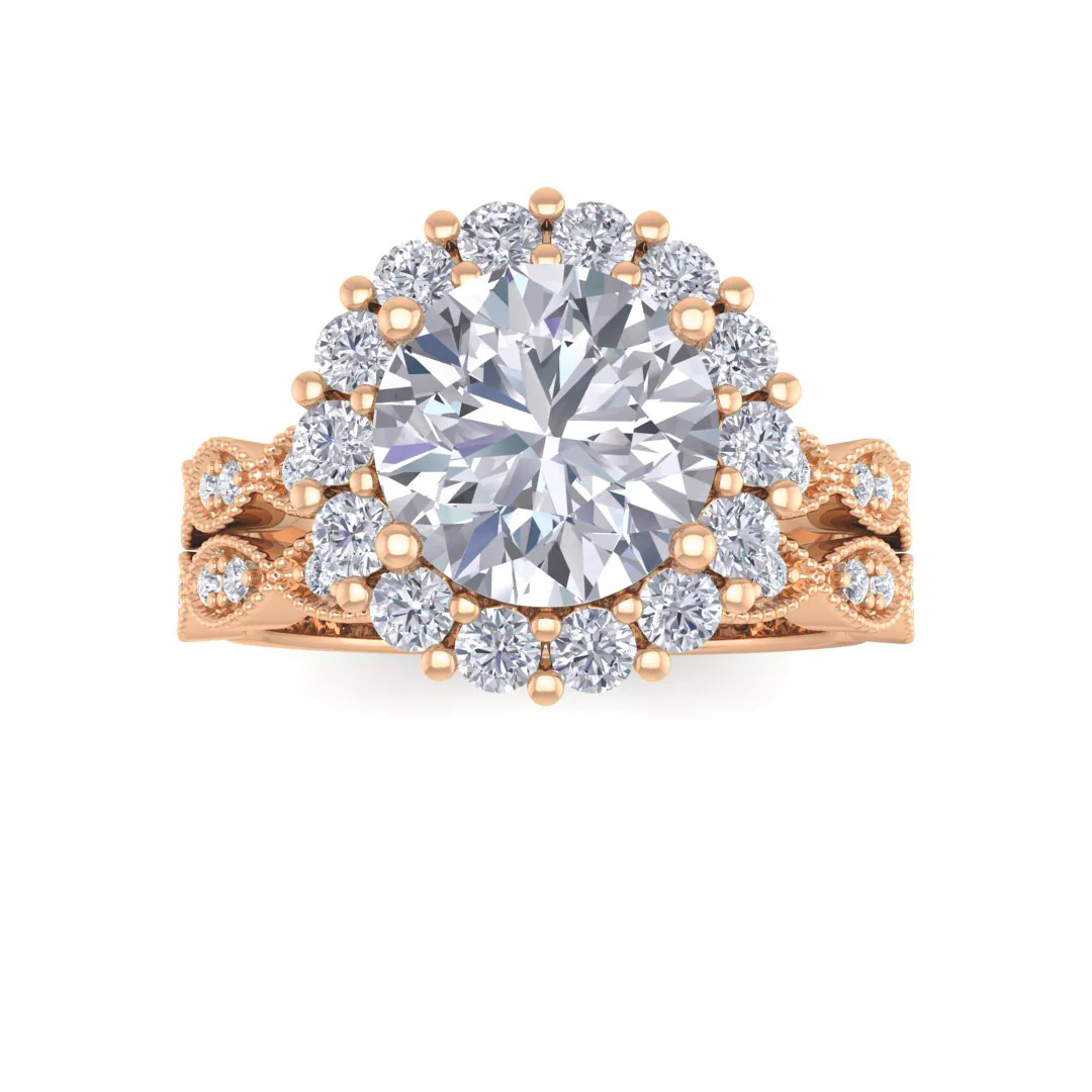 9k Rose Gold 2.0ct Round Brilliant Moissanite Halo Bridal Set 0.55tdw