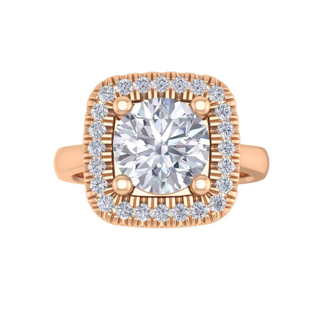 9k Rose Gold 2.0ct Round Brilliant Moissanite Halo Engagement Ring 0.13tdw