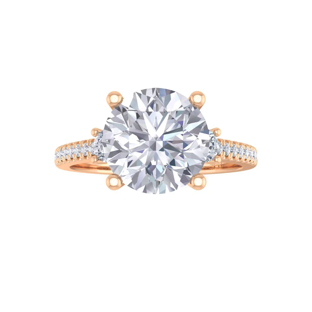 9k Rose Gold 2.0ct Round Brilliant Moissanite Trilogy Shoulders Engagement Ring 0.3tdw