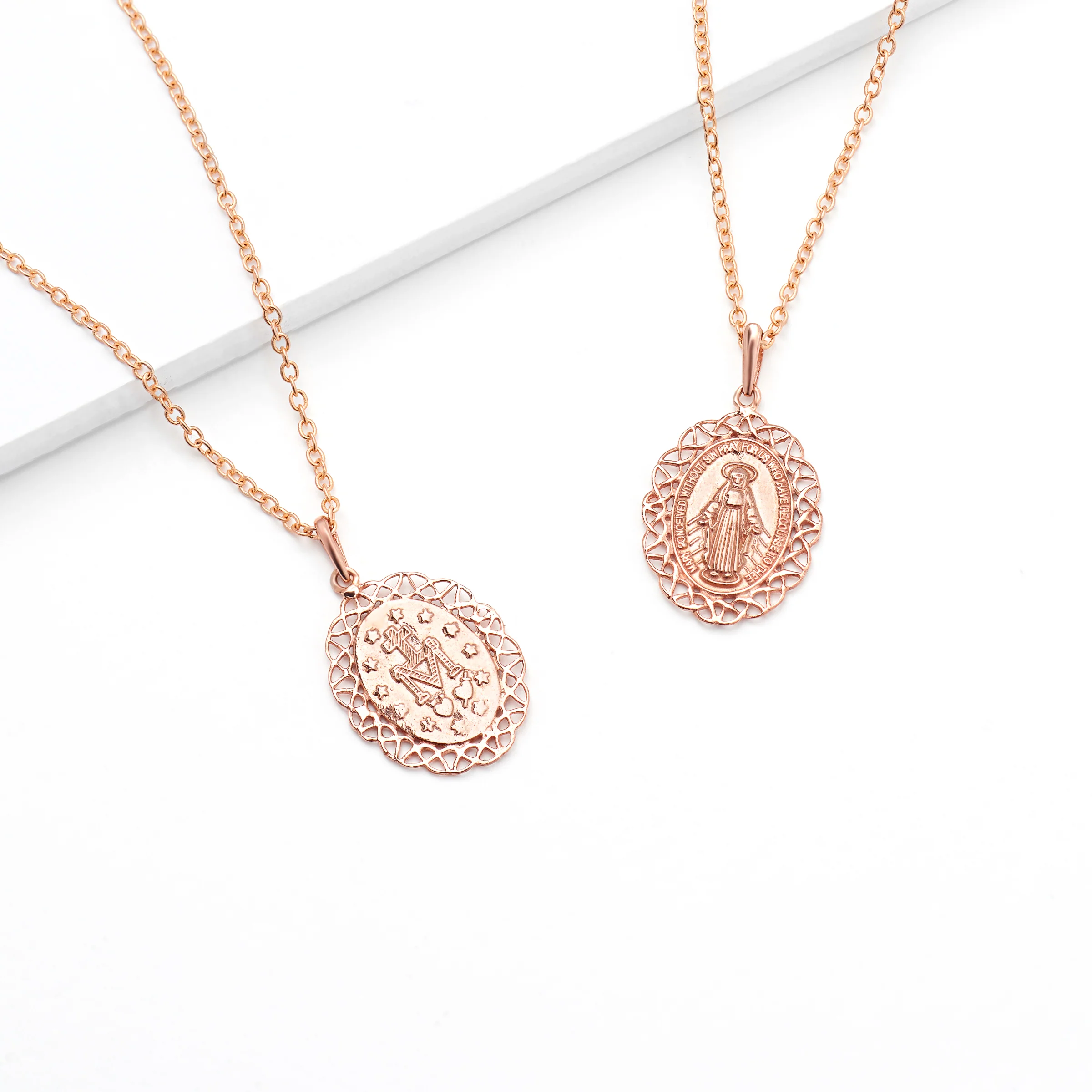 9K Rose Gold Oval Solid Miraculous Madonna Pendant 15x20mm