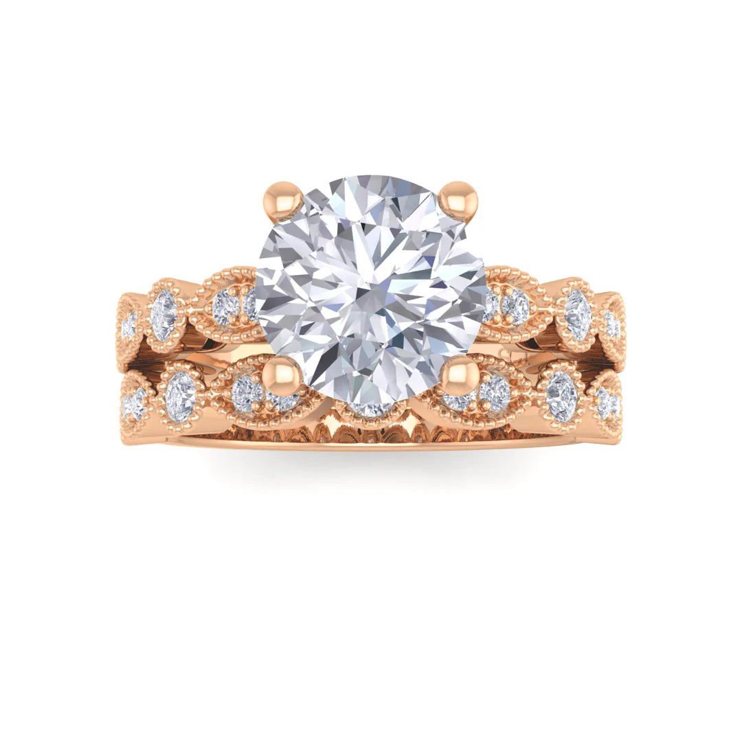 9K Rose Gold Round Brilliant Lab Diamond Milgrain Bridal Set 1.75tdw