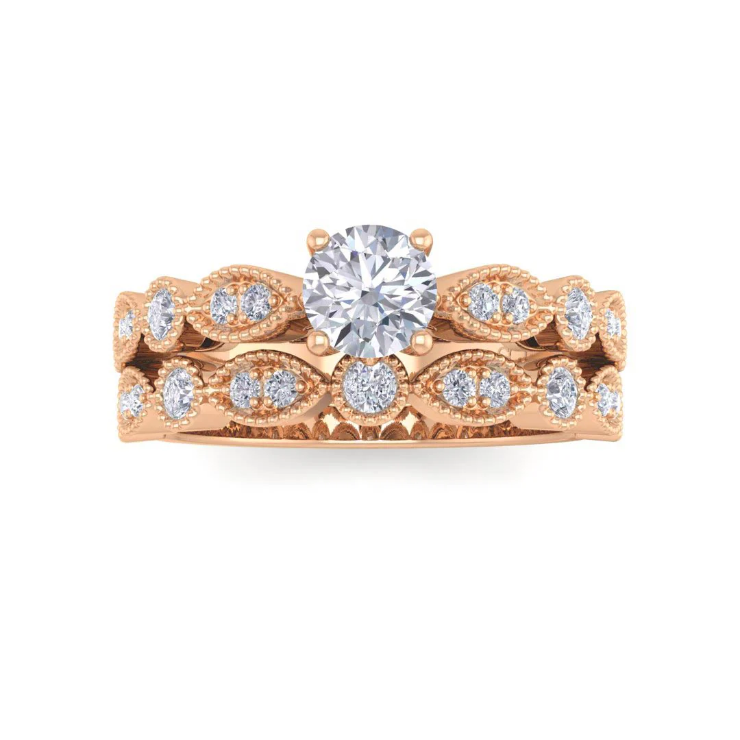 9K Rose Gold Round Brilliant Moissanite and Diamond Milgrain Bridal Set 0.25tdw 0.33ct Moissanite