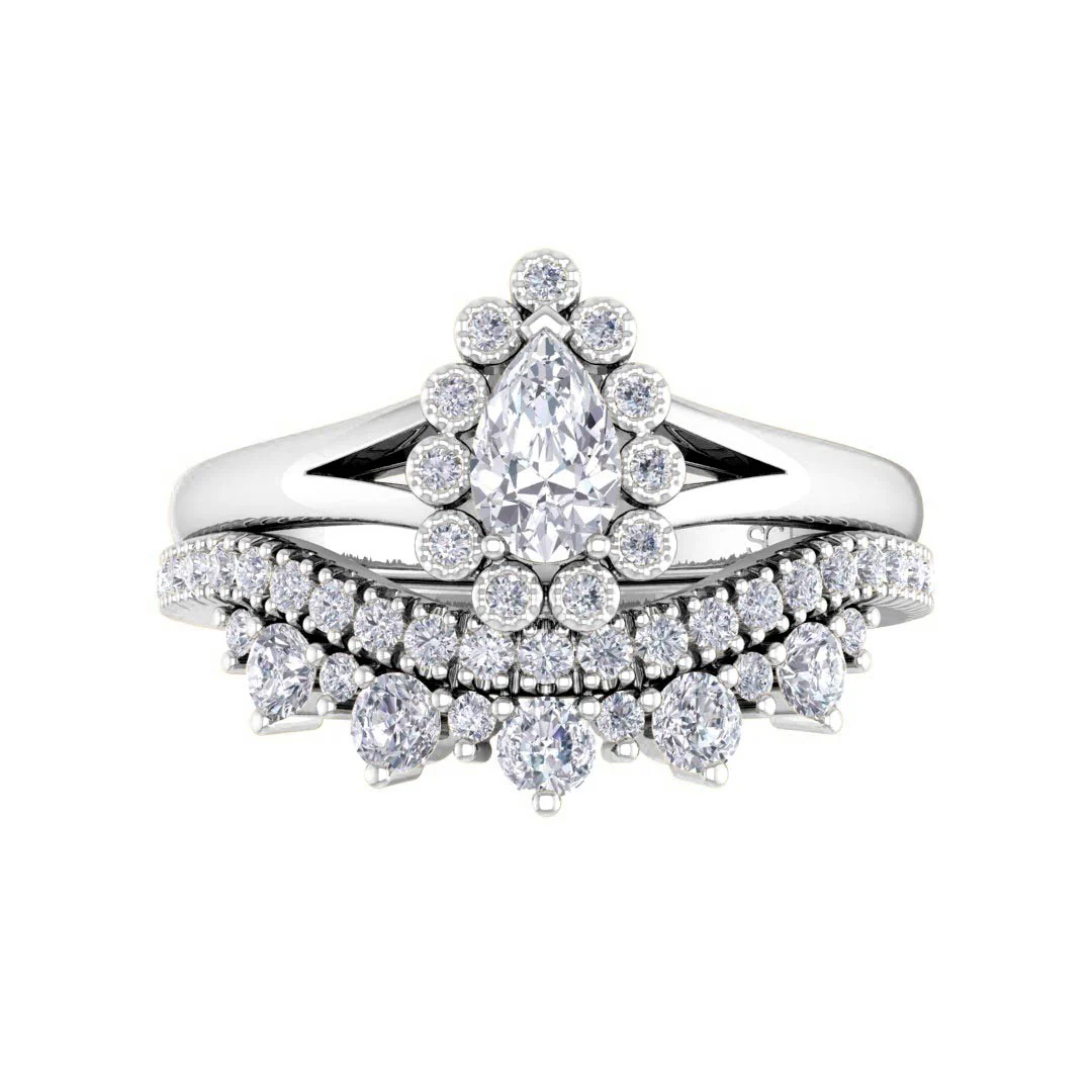 9k White Gold 0.33ct Pear Lab Diamond Halo Tiara Bridal Set 0.73tdw