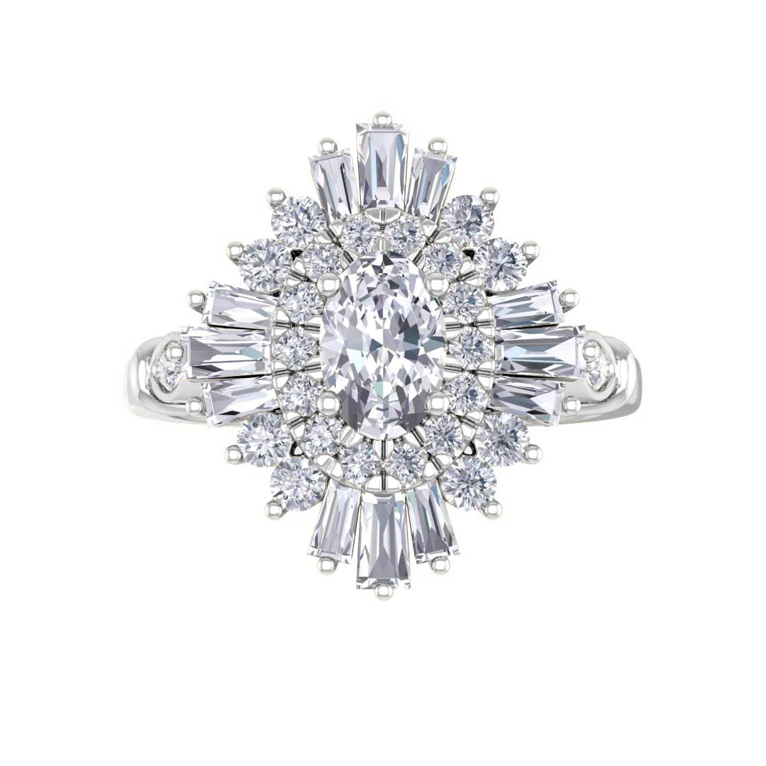 9k White Gold 0.5ct Oval Lab Diamond Baguette Starburst Engagement Ring 1.0tdw