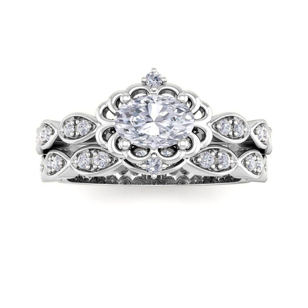 9k White Gold 0.5ct Oval Lab Diamond Filigree Halo Bridal Set 0.7tdw