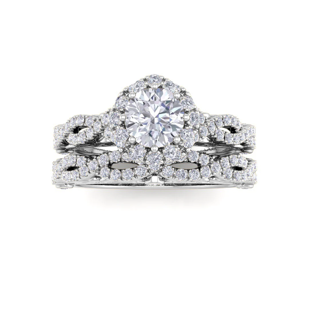 9k White Gold 0.5ct Round Brilliant Moissanite Flower Halo Bridal Set 0.5tdw