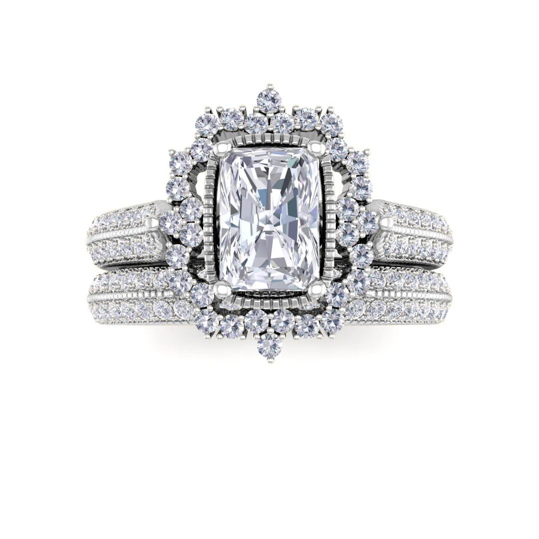 9k White Gold 0.75ct Emerald Cut Diamond Vintage Halo Bridal Set 1.25tdw