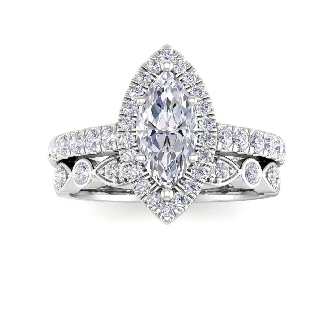 9k White Gold 0.75ct Marquise Moissanite Halo Bridal Set 0.5tdw