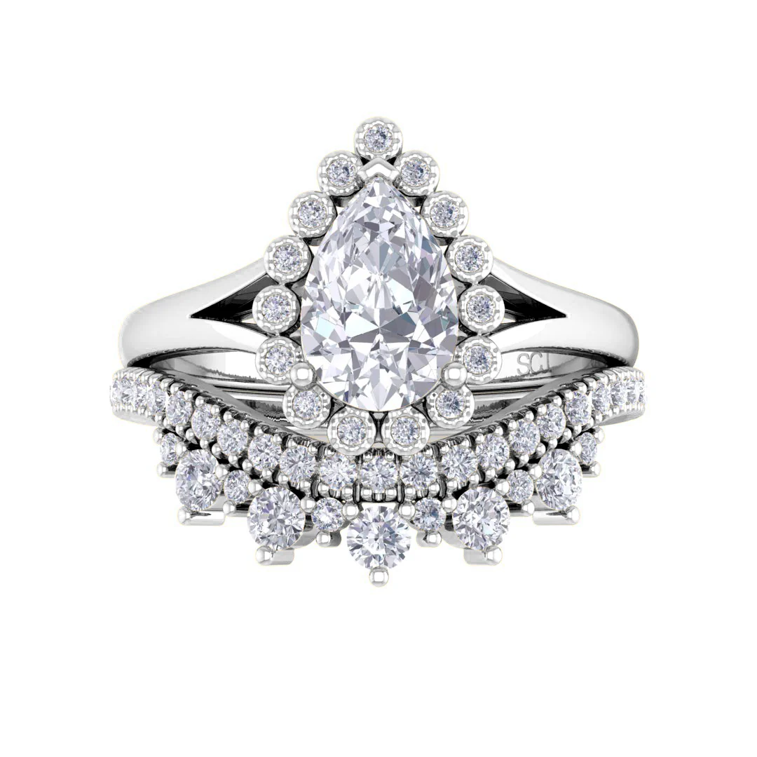9k White Gold 0.75ct Pear Lab Diamond Halo Tiara Bridal Set 1.15tdw