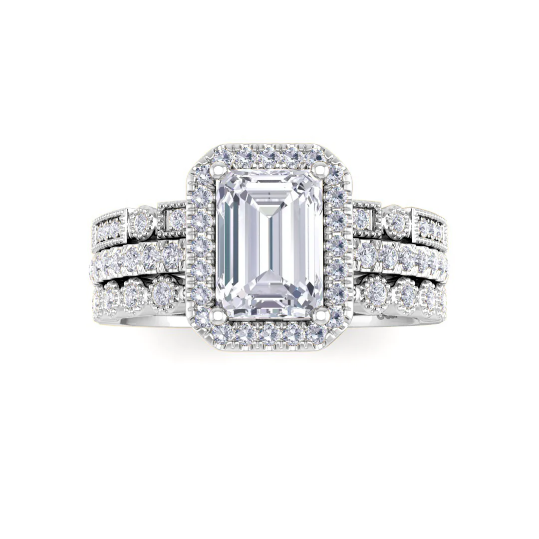 9k White Gold 1.0ct Emerald Cut Moissanite Halo Bridal Set 0.5tdw