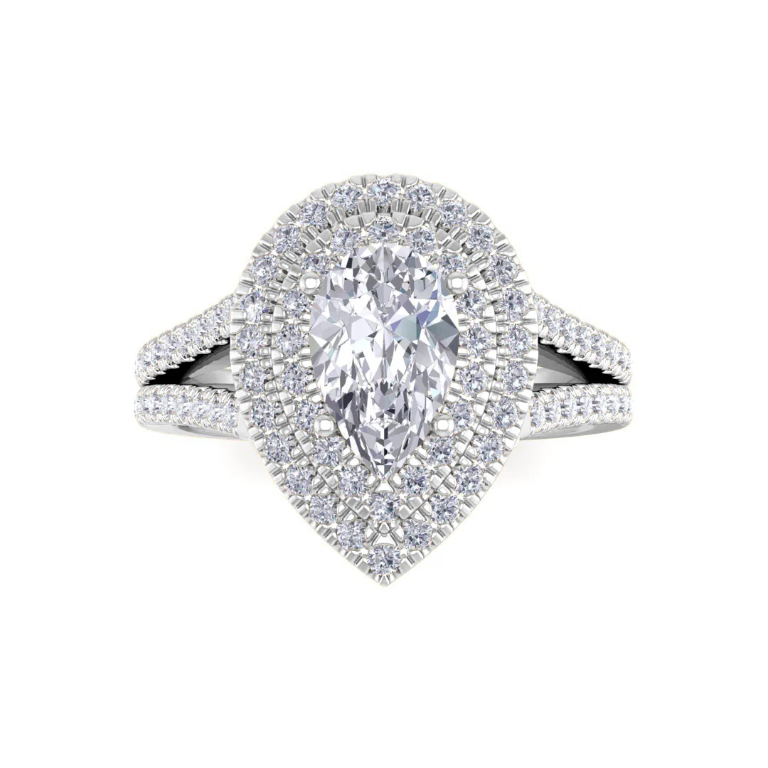 9k White Gold 1.0ct Pear Moissanite Double Halo Engagement Ring 0.5tdw