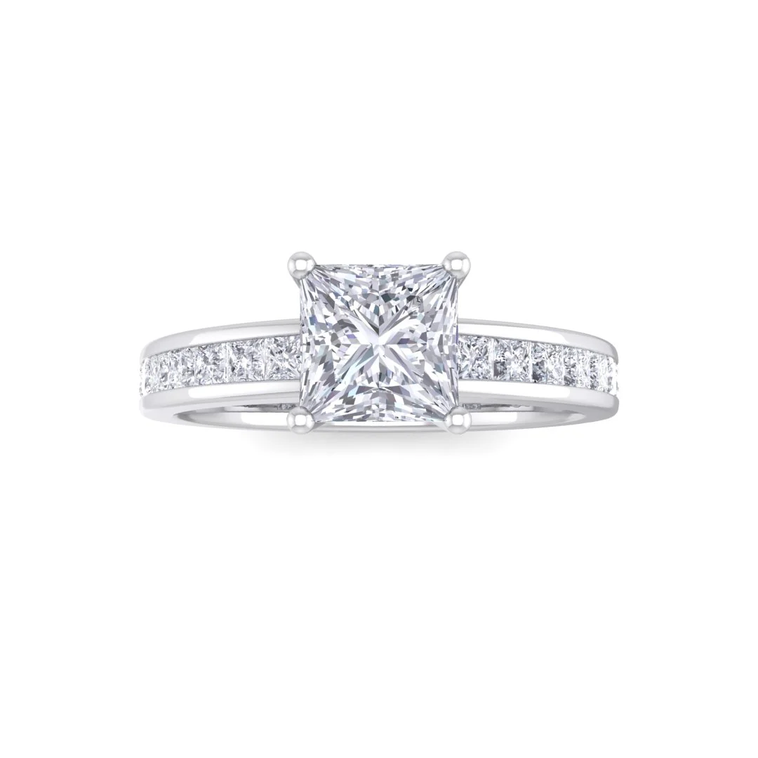 9k White Gold 1.0ct Princess Cut Lab Diamond Solitaire with Shoulder Accents Engagement Ring 1.5tdw