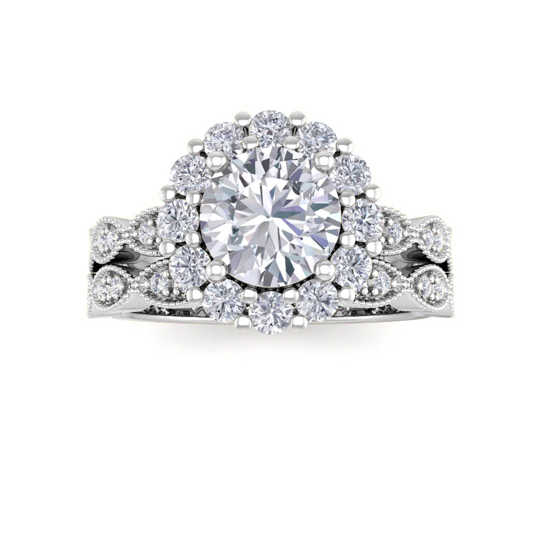 9k White Gold 1.0ct Round Brilliant Moissanite Halo Bridal Set 0.55tdw