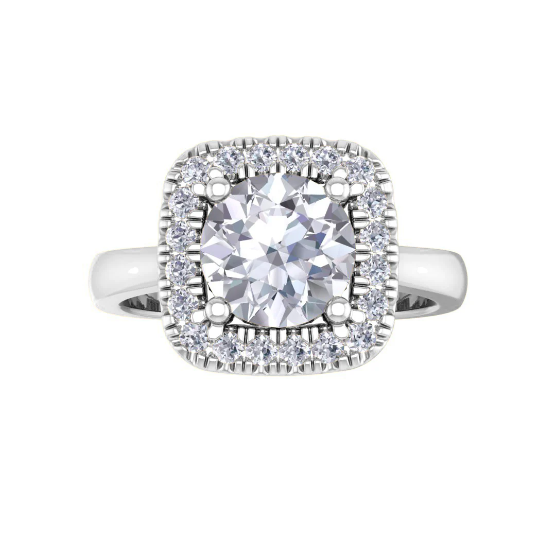 9k White Gold 1.0ct Round Brilliant Moissanite Halo Engagement Ring 0.13tdw