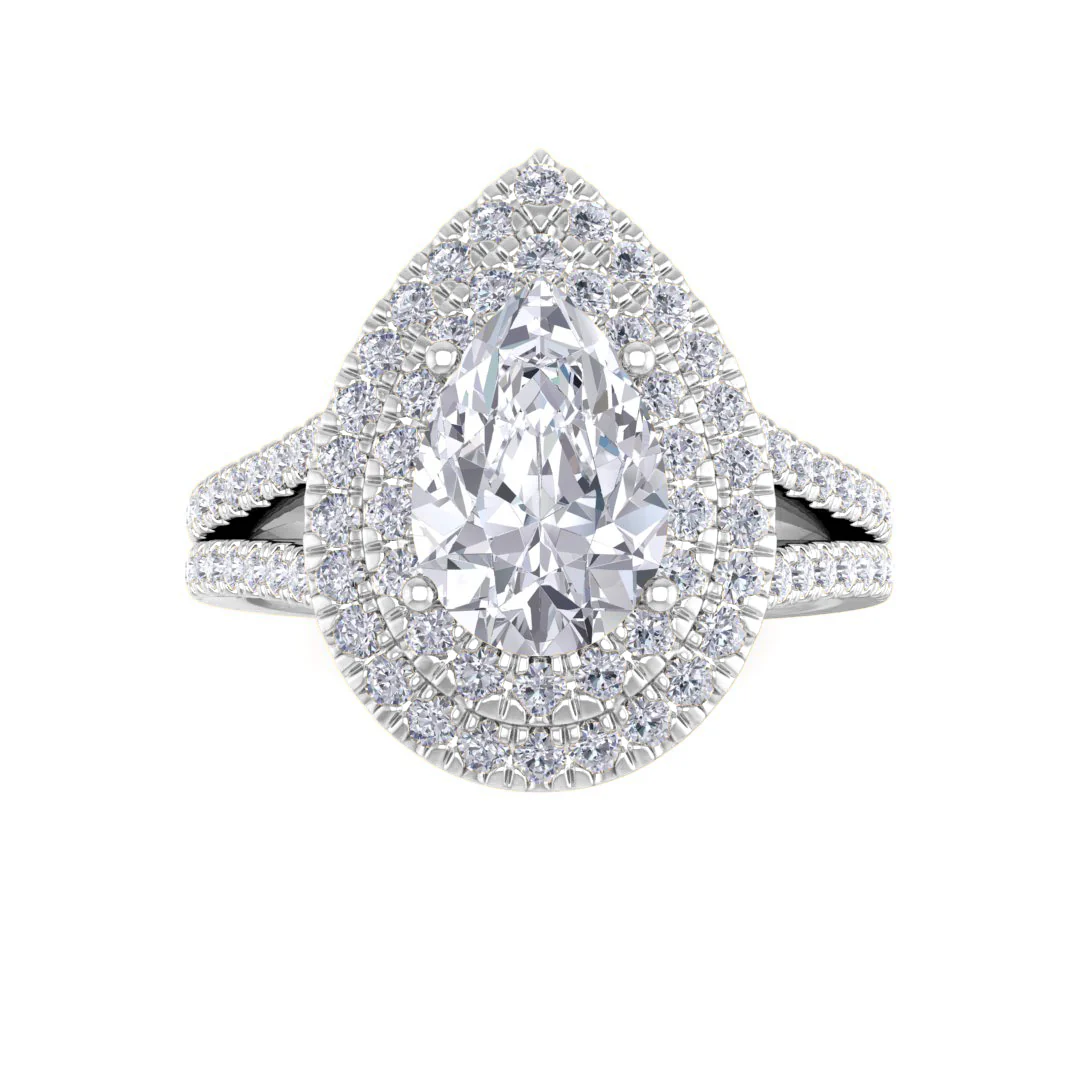 9k White Gold 1.5ct Pear Moissanite Double Halo Engagement Ring 0.5tdw
