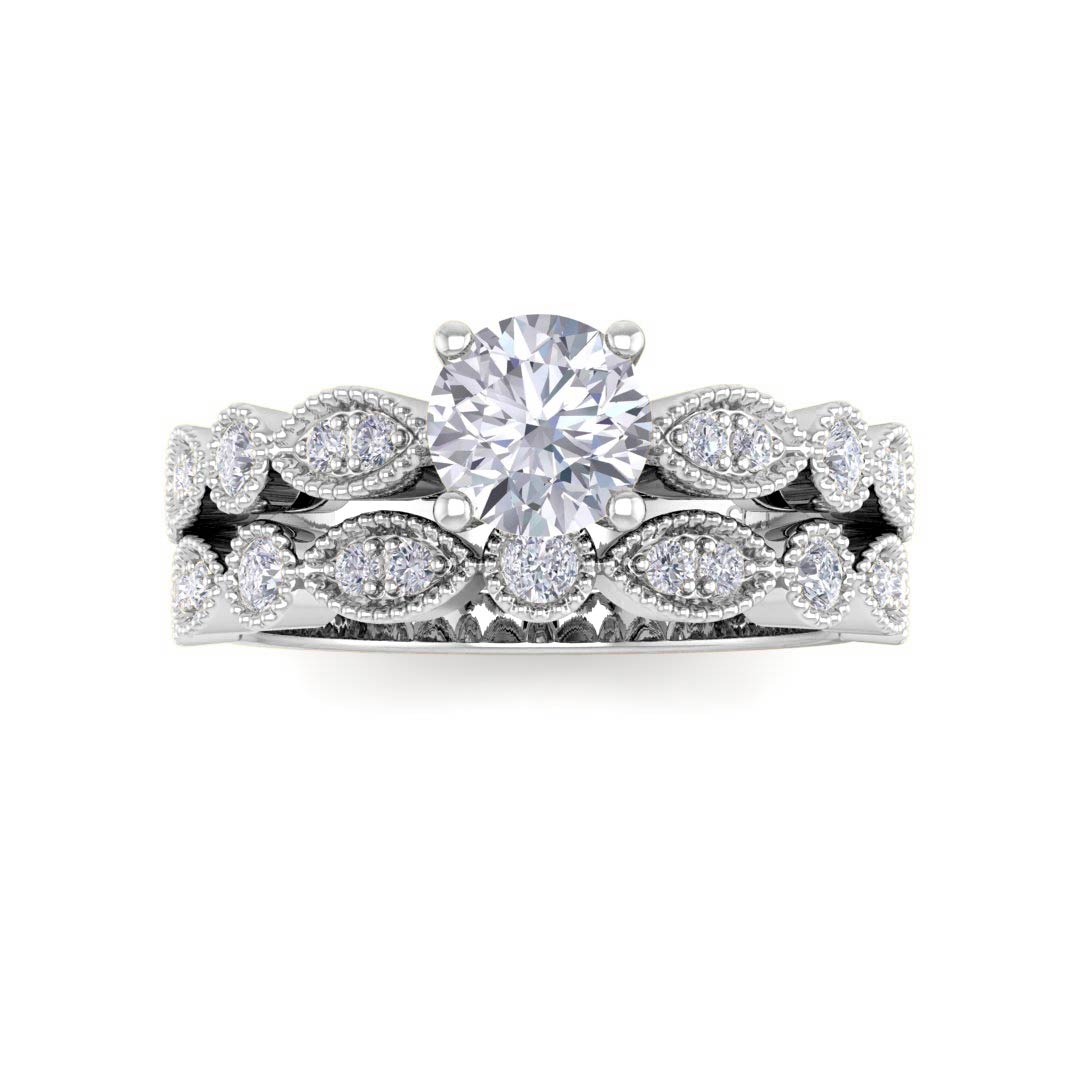 9K White Gold Round Brilliant Diamond Milgrain Bridal Set 0.75tdw