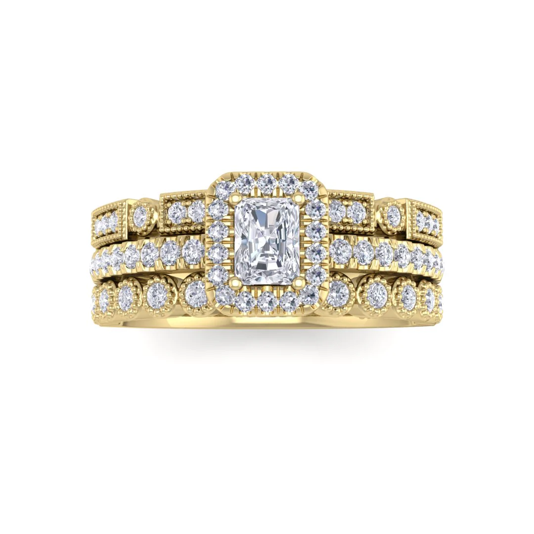 9k Yellow Gold 0.33ct Emerald Cut Diamond Halo Bridal Set 0.83tdw