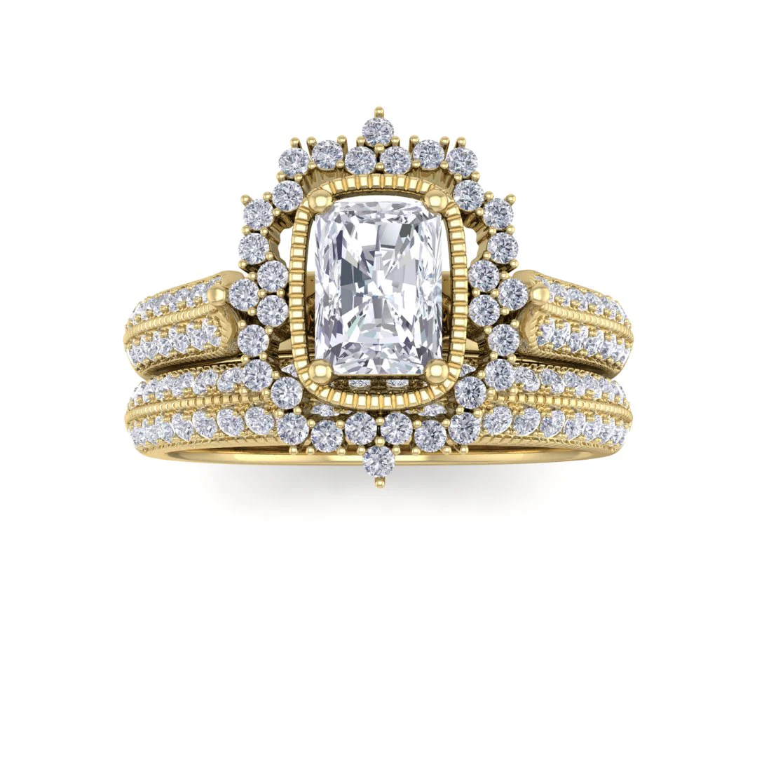 9k Yellow Gold 0.33ct Emerald Cut Moissanite Vintage Halo Bridal Set 0.5tdw