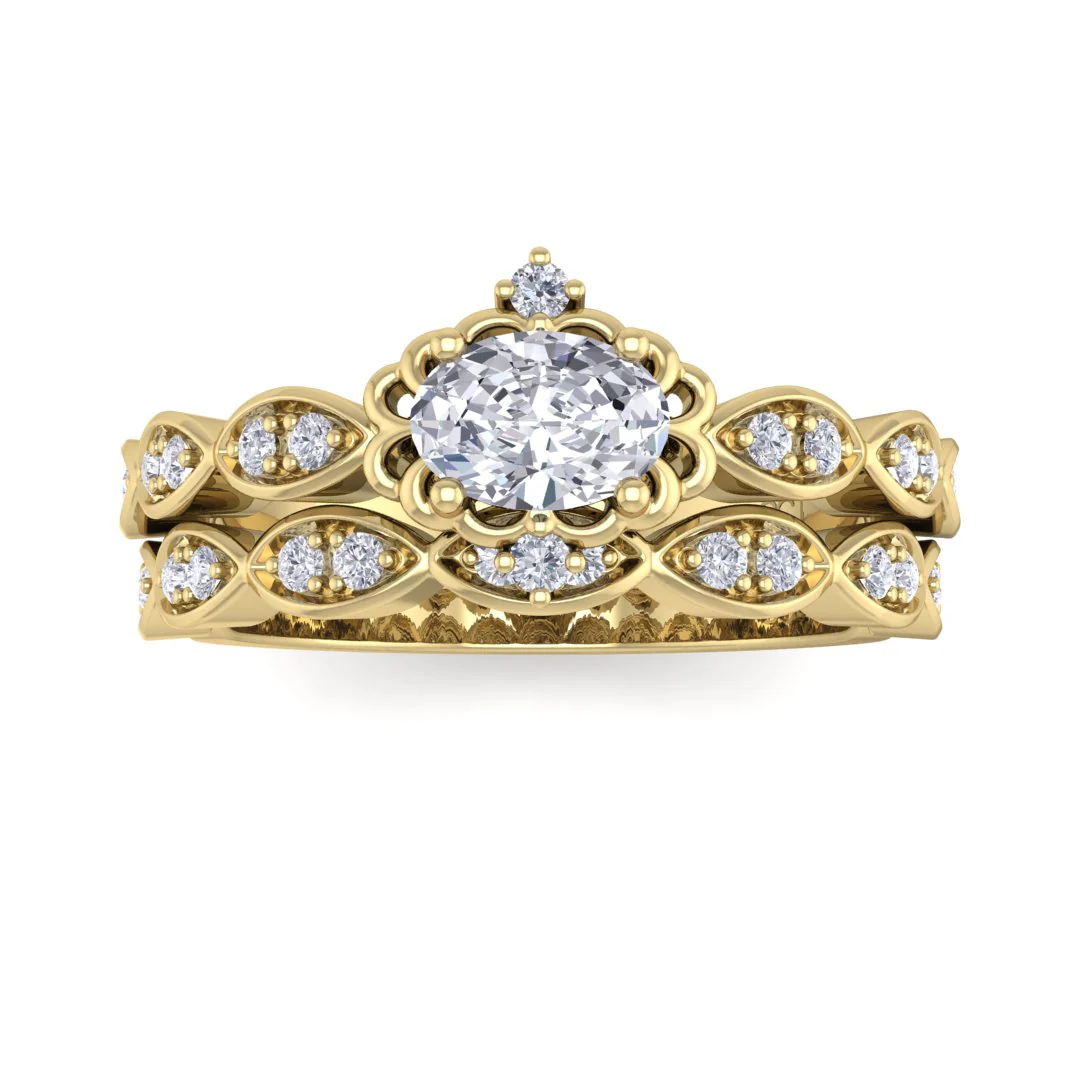 9k Yellow Gold 0.33ct Oval Diamond Filigree Halo Bridal Set 0.53tdw