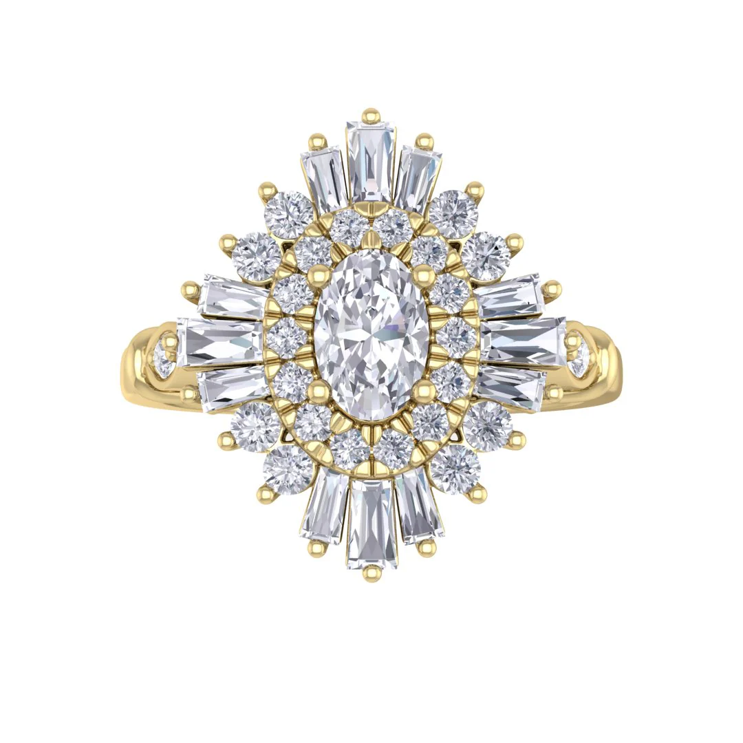 9k Yellow Gold 0.33ct Oval Lab Diamond Baguette Starburst Engagement Ring 0.83tdw