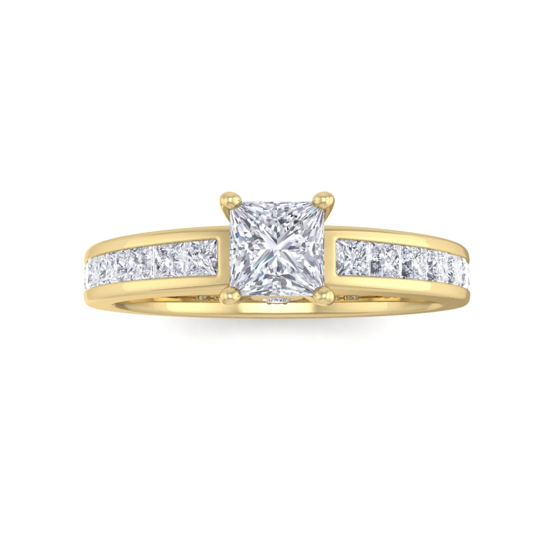 9k Yellow Gold 0.33ct Princess Cut Lab Diamond Solitaire with Shoulder Accents Engagement Ring 0.83tdw
