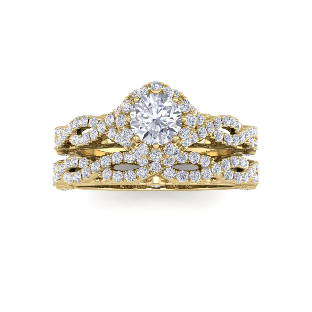 9k Yellow Gold 0.33ct Round Brilliant Lab Diamond Flower Halo Bridal Set 0.83tdw