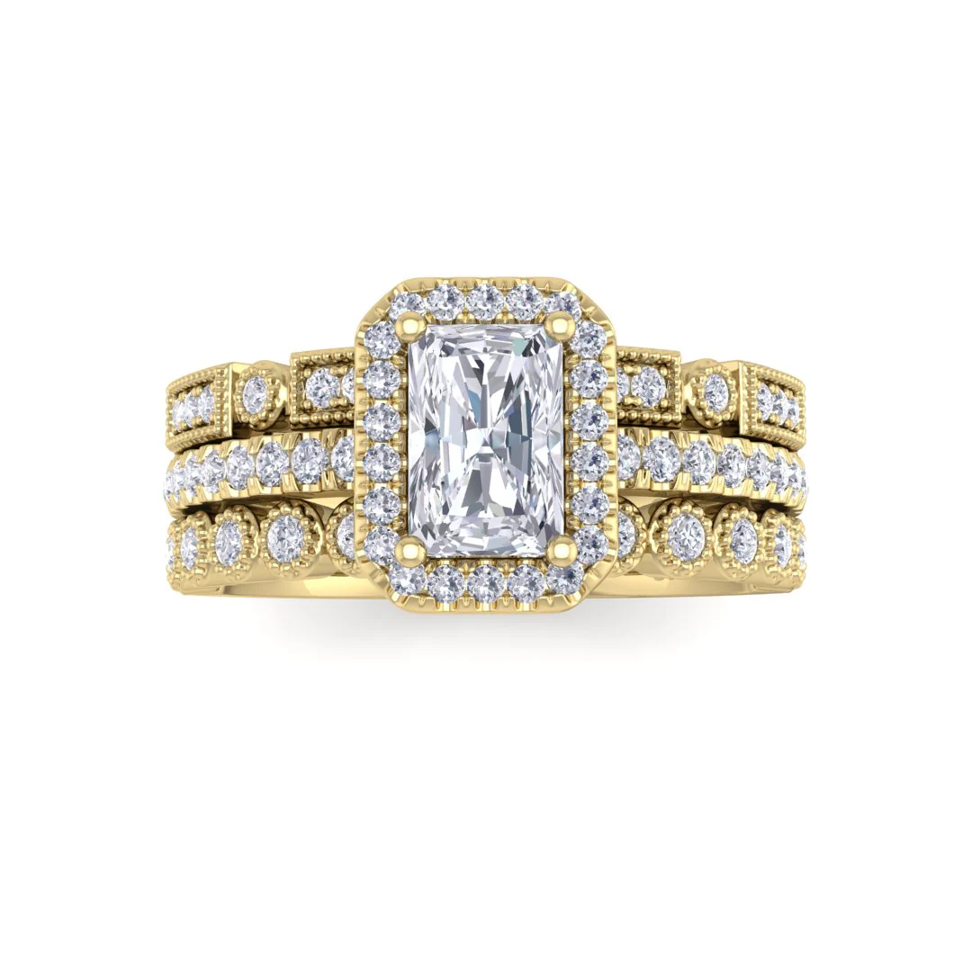 9k Yellow Gold 0.5ct Emerald Cut Moissanite Halo Bridal Set 0.5tdw